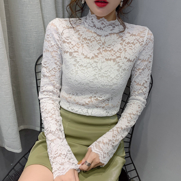 Női csipkeblúz öt színben, magas gallérral és hosszú ujjal