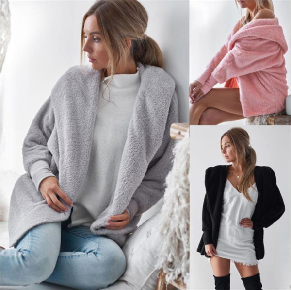 Χνουδωτή  γυναικεία ζακέτα με κουκούλα σε διάφορα χρώματα - φαρδύ μοντέλο