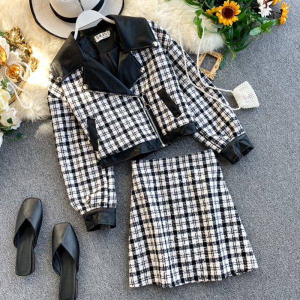 Καθημερινό γυναικείο καρό σετ με φερμουάρ και τσέπες