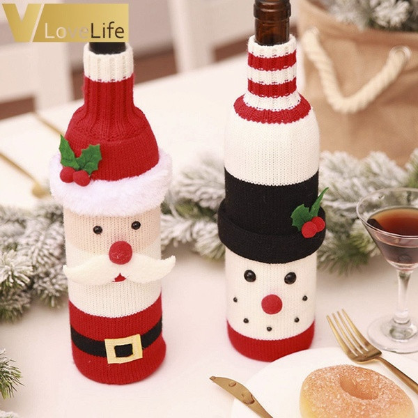 Плетен коледен калъф за бутилка за вино с 3D елементи в два модела - Дядо Коледа и снежен човек