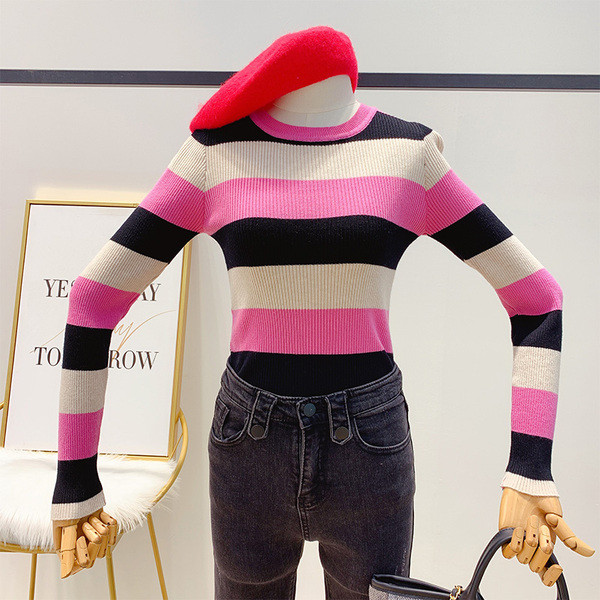 Γυναικέιο πουλόβερ με λαιμόκοψη σε ροζ και μπλε χρώμα