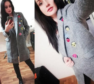 Дамско есенно палто  дълъг модел с шпиц деколте в сив и черен цвят 