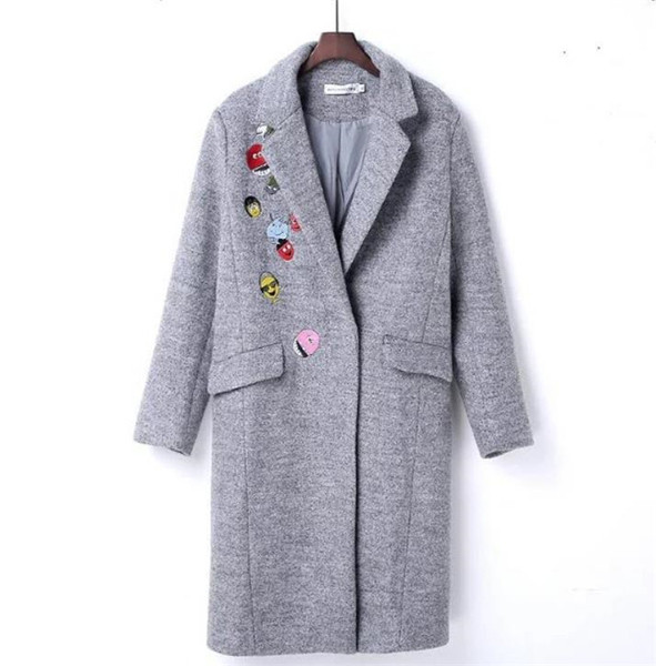 Дамско есенно палто  дълъг модел с шпиц деколте в сив и черен цвят 