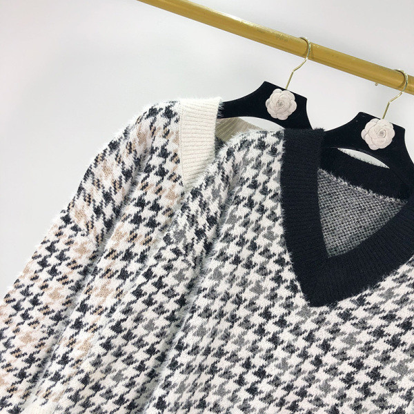 Φαρδύ καρό πουλόβερ με κορδόνι σε μαύρο και λευκό χρώμα