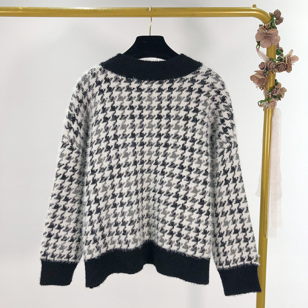 Φαρδύ καρό πουλόβερ με κορδόνι σε μαύρο και λευκό χρώμα