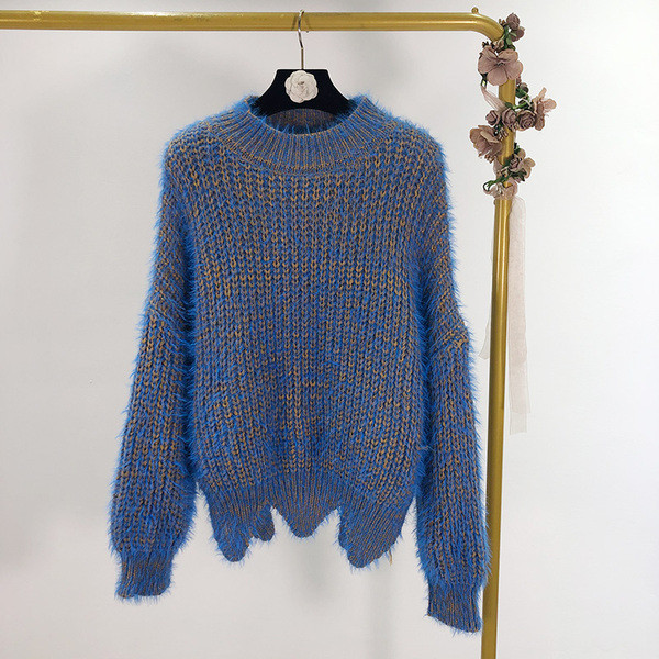 Bolyhos aszimmetrikus női pulóver sárga és kék színben