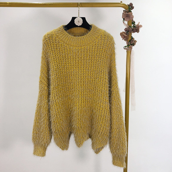 Bolyhos aszimmetrikus női pulóver sárga és kék színben