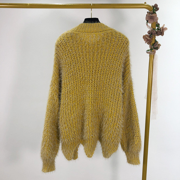 Bolyhos aszimmetrikus női pulóver sárga és kék színben