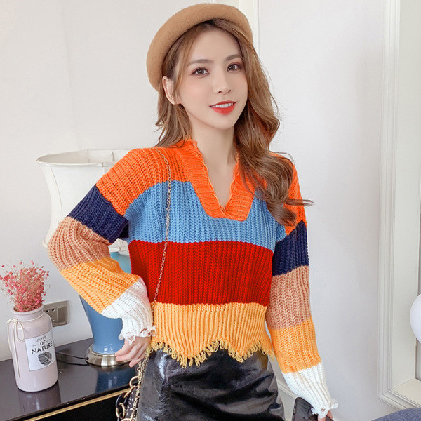 Πολύχρωμο μοντέλο γυναικείο πουλόβερ  με V-λαιμόκοψη