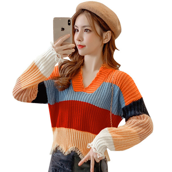 Πολύχρωμο μοντέλο γυναικείο πουλόβερ  με V-λαιμόκοψη