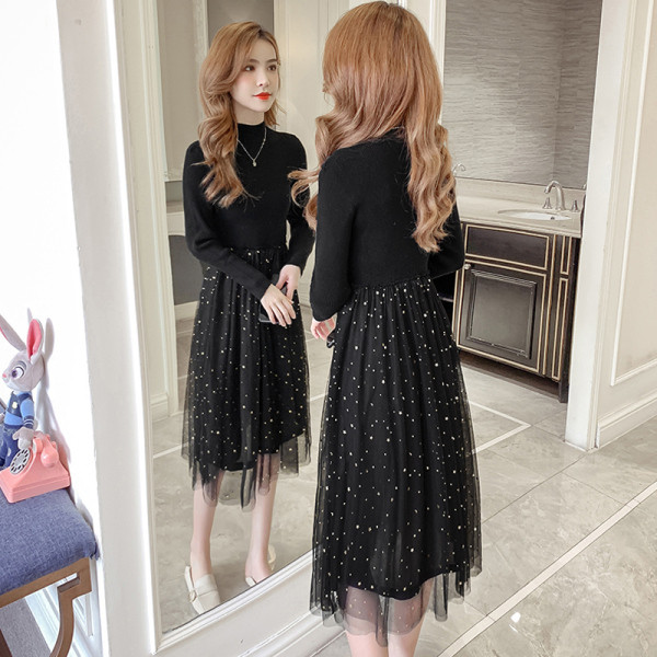 Μοντέρνο γκρίζο και μαύρο γυναικείο φόρεμα με ημι-ψηλό κολάρο και μακρύ μανίκι