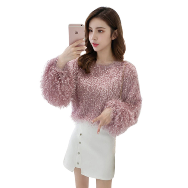 Μοντέρνα γυναικεία μπλούζα σε τρία χρώματα με φούντες και οβάλ λαιμόκοψη