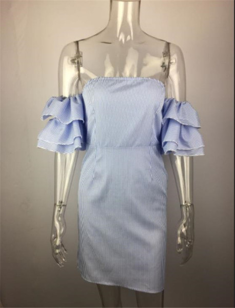 Γυναικείο κομψό φόρεμα με κοντά μανίκια λωτού σε μπλε χρώμα