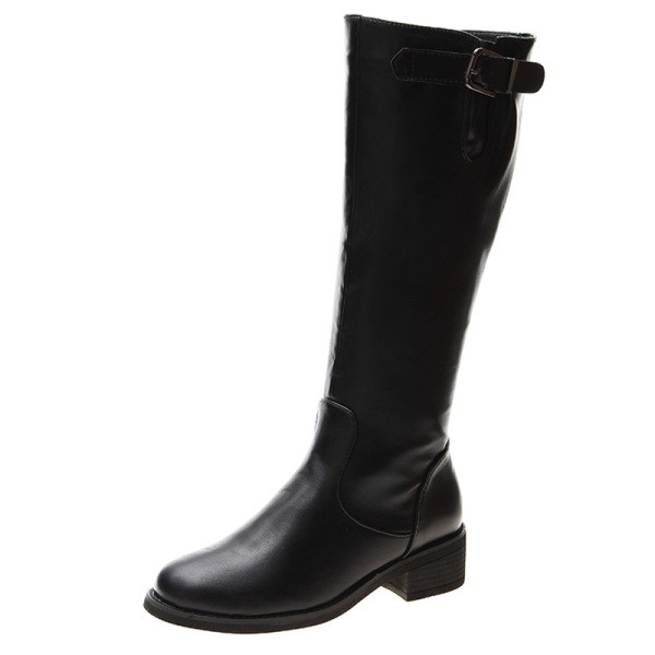 Eko bőrből készült alkalmi női csizma csattal és cipzárral fekete színben