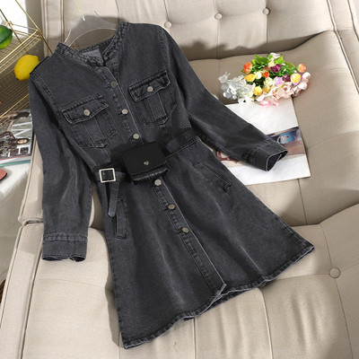 Νέο μοντέλο γυναικείο τζιν φόρεμα με μακρύ μανίκι μπλε και μαύρο χρώμα