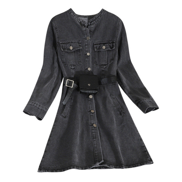 Νέο μοντέλο γυναικείο τζιν φόρεμα με μακρύ μανίκι μπλε και μαύρο χρώμα