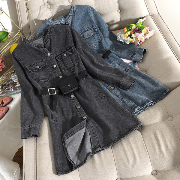 Νέο μοντέλο γυναικείο τζιν φόρεμα με μακρύ μανίκι μπλε και μαύρο χρώμα