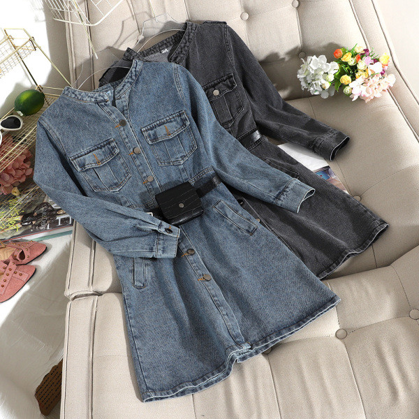 Νέο μοντέλο γυναικείο τζιν φόρεμα με μακρύ μανίκι μπλε και μαύρο χρώμα