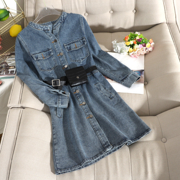 Νέο μοντέλο γυναικείο τζιν φόρεμα με μακρύ μανίκι μπλε και μαύρο χρώμα