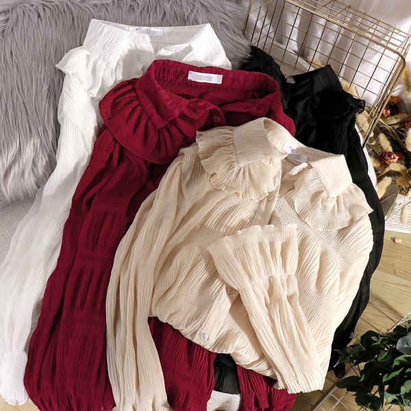 Μοντέρνο γυναικείο πουκάμισο σιφόν με κουμπιά και μακριά μανίκια σε διάφορα χρώματα