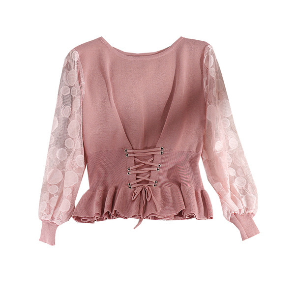 Μοντέρνο γυναικείο πουλόβερ με μανίκια δαντέλα και κορδόνια σε τέσσερα χρώματα