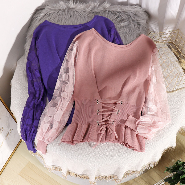 Μοντέρνο γυναικείο πουλόβερ με μανίκια δαντέλα και κορδόνια σε τέσσερα χρώματα