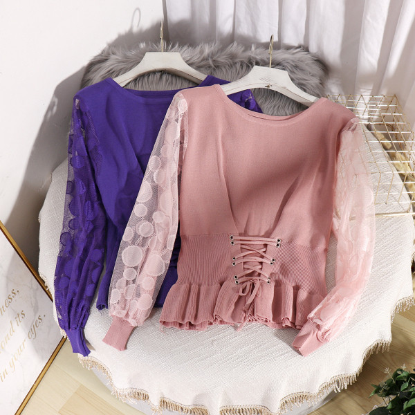 Μοντέρνο γυναικείο πουλόβερ με μανίκια δαντέλα και κορδόνια σε τέσσερα χρώματα