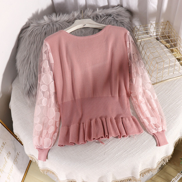 Μοντέρνο γυναικείο πουλόβερ με μανίκια δαντέλα και κορδόνια σε τέσσερα χρώματα