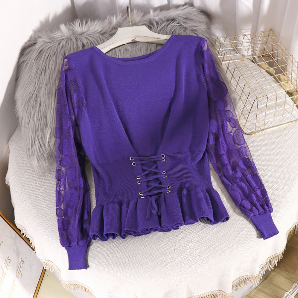 Μοντέρνο γυναικείο πουλόβερ με μανίκια δαντέλα και κορδόνια σε τέσσερα χρώματα