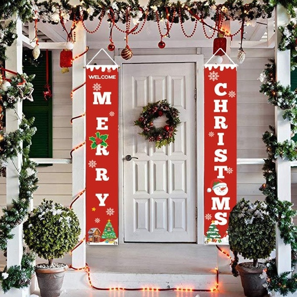 Karácsonyi transzparens lakásdekorációhoz Merry Christmas felirattal és piros applikációkkal