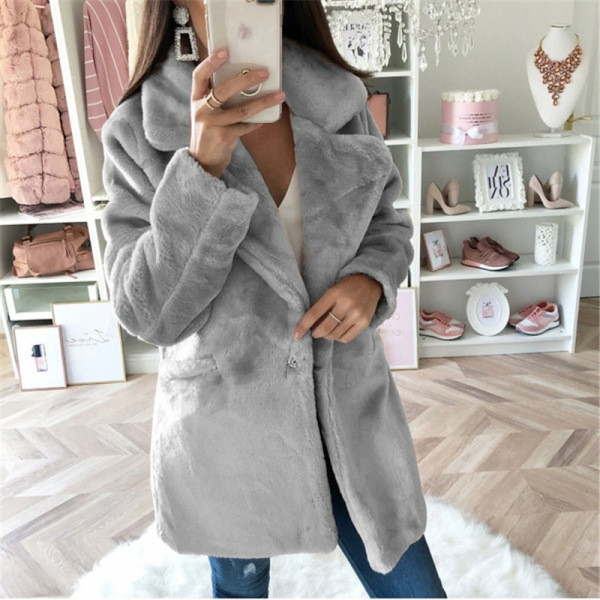 Нов модел пухено дамско палто с джоб в четири цвята