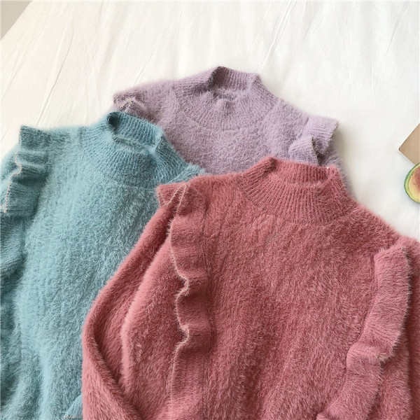 Μοντέρνο γυναικείο πουλόβερ  σε τρία χρώματα με μακρύ μανίκι και ημι-ψηλό κολάρο