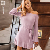 Μοντέρνο γυναικέιο πλεκτό φόρεμα με γυμνοί ώμοι σε ροζ και πράσινο χρώμα