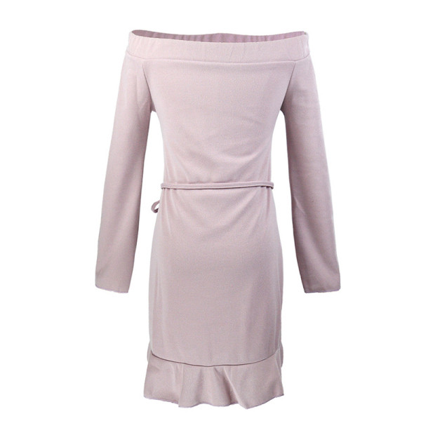 Μοντέρνο γυναικέιο πλεκτό φόρεμα με γυμνοί ώμοι σε ροζ και πράσινο χρώμα