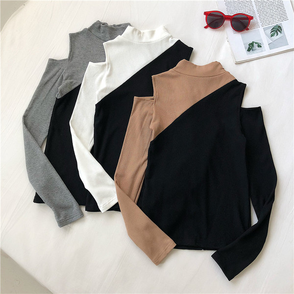Μοντέρνα γυναικεία μπλούζα σε τρία χρώματα με γυμνά ώμοι και μακριά μανίκια
