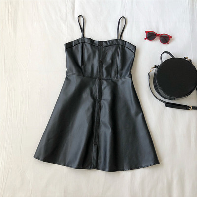 Μοντέρνο γυναικείο φόρεμα από οικολογικό δέρμα σε τρία χρώματα με λεπτούς ιμάντες ώμου