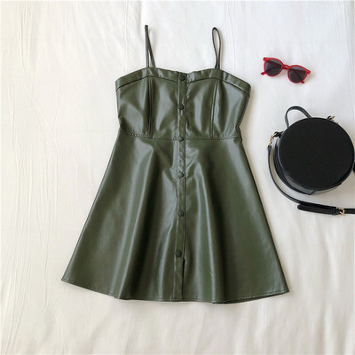 Μοντέρνο γυναικείο φόρεμα από οικολογικό δέρμα σε τρία χρώματα με λεπτούς ιμάντες ώμου