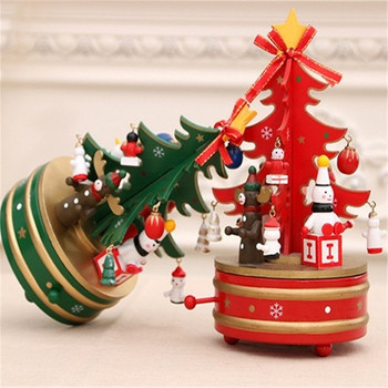 Ξύλινο περιστρεφόμενο μουσικό κουτί σε σχήμα χριστουγεννιάτικου δέντρου σε κόκκινο και πράσινο χρώμα
