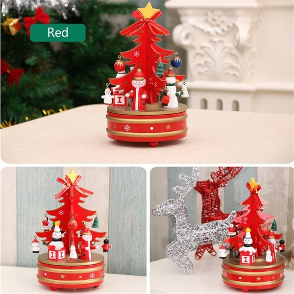 Ξύλινο περιστρεφόμενο μουσικό κουτί σε σχήμα χριστουγεννιάτικου δέντρου σε κόκκινο και πράσινο χρώμα