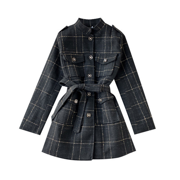 Modern női kabát övvel és gombokkal kék és fekete színben