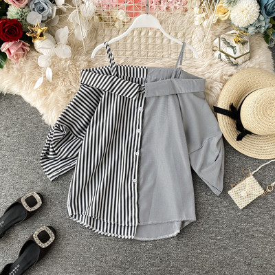 Μοντέρνο γυναικείο πουκάμισο με γυμνά ώμους και κουμπιά σε τέσσερα χρώματα