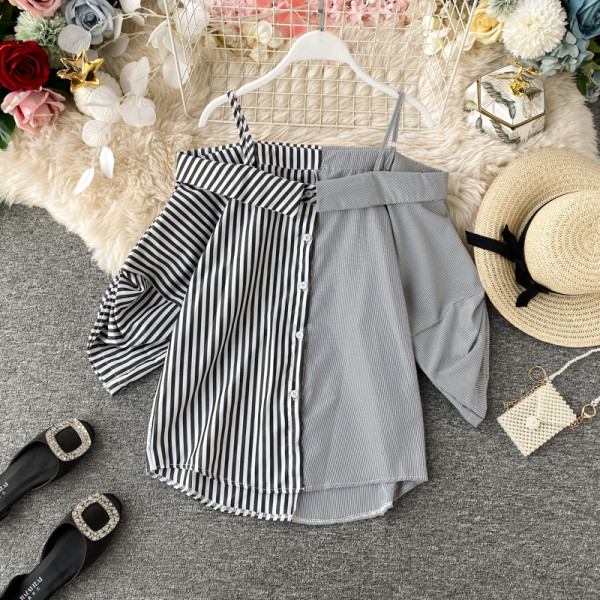 Μοντέρνο γυναικείο πουκάμισο με γυμνά ώμους και κουμπιά σε τέσσερα χρώματα