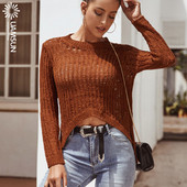 Modern női rövid pulóver hosszú ujjú zöld és barna színben