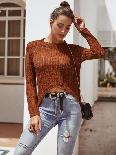 Modern női rövid pulóver hosszú ujjú zöld és barna színben