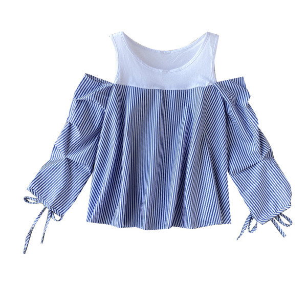 Ριγέ μπλούζα γυναικεία με γυμνούς ώμους και  κορδόνια σε μαύρο και μπλε χρώμα