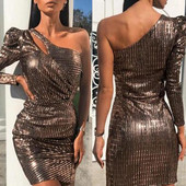 Elegáns női rövid ruha hosszú ujjal és flitterekkel, barna színben