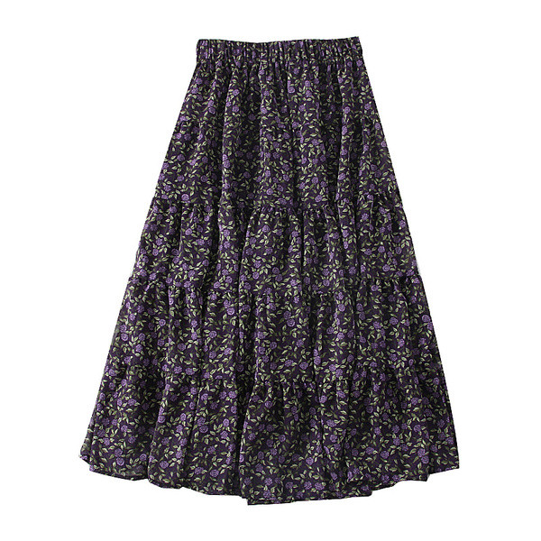 Lezser női szabású szoknya virágos motívumokkal, bézs, kék és lila színekben