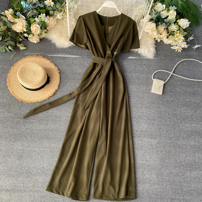 Γυναικεία μακρύ ολόσωμη φόρμα με κοντό μανίκι και V-λαιμόκοψη