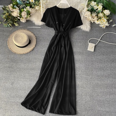 Γυναικεία μακρύ ολόσωμη φόρμα με κοντό μανίκι και V-λαιμόκοψη