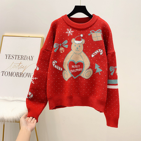 Piros karácsonyi motívumú, modern női pulóver